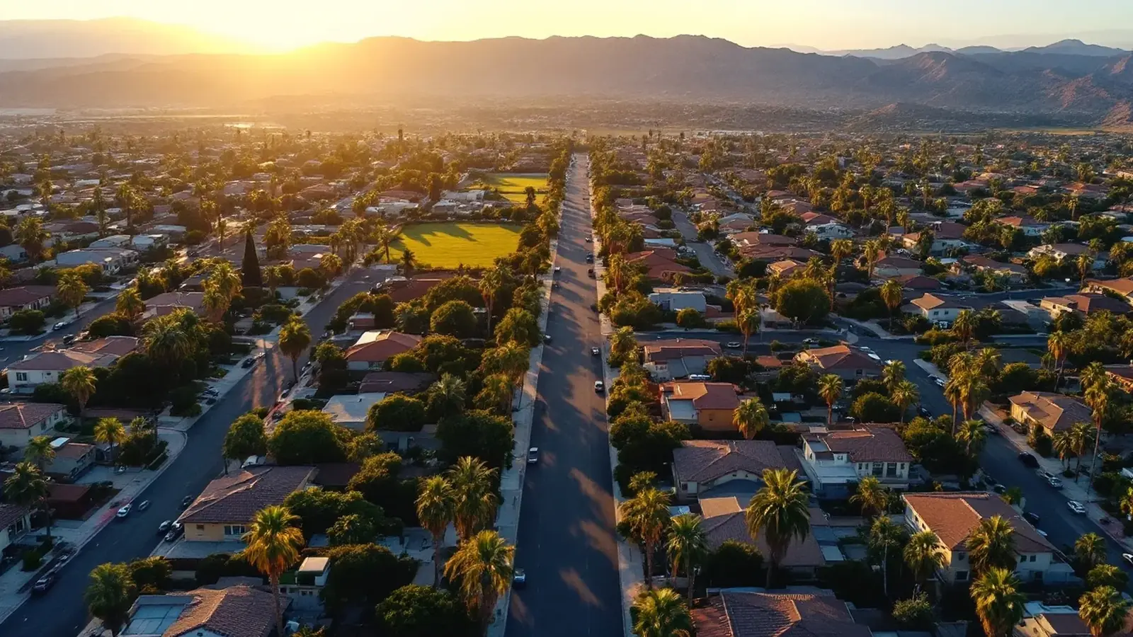 Aerial view of Riverside County neighborhoods at golden hour with Mt. San Jacinto in the distance